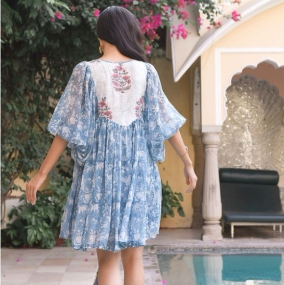 Daughters of India Jaya Mini Dress in Juniper Floral Blue Dress Size XL - Picture 4 of 16